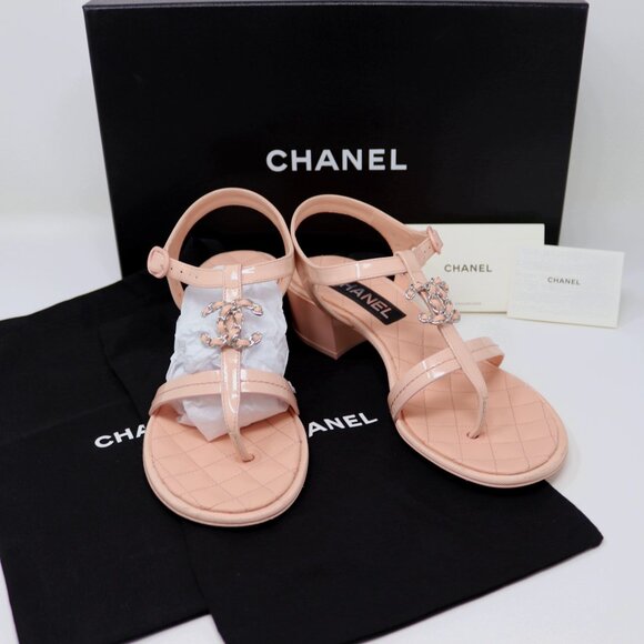 Chanel 37.5 T Strap Thong Sandals Light Pink 23C Chain CC - Picture 2 of 12